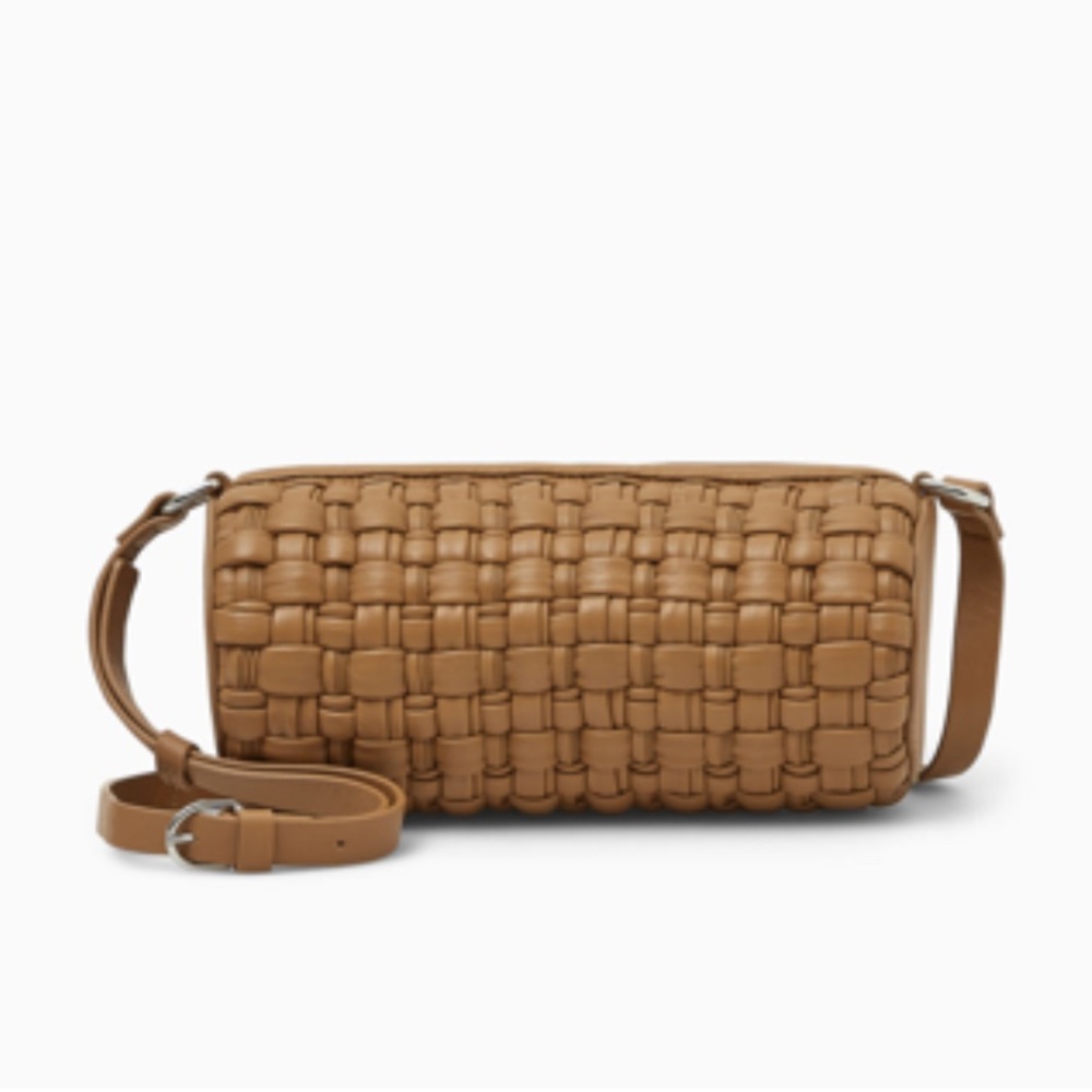 COS Woven Leather Shoulder Barrel Bag in Tan